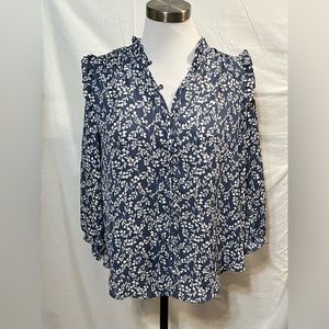 Lauren Conrad Blue & White Long Sleeve Button Down Ruffle Blouse Top